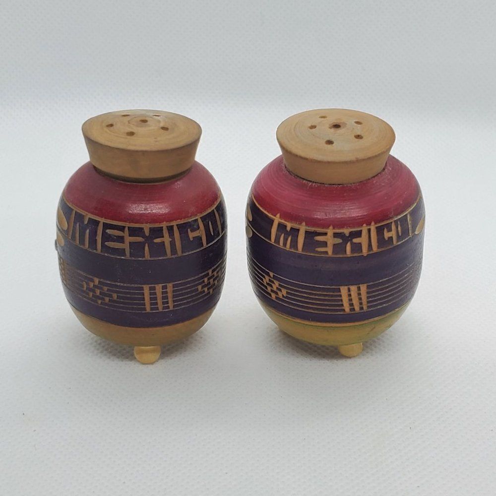 Vintage Salt & Pepper Shakers Mexico Wood Red Brown Jug Pot